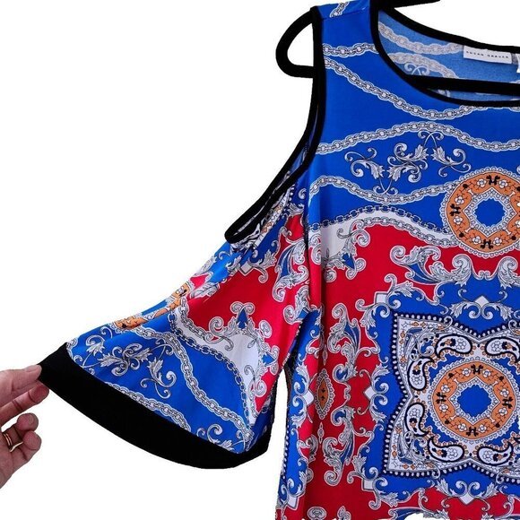 Susan Graver Multicolor Mandala Print Cold Shoulder Short Sleeve Tunic Top 1X - Picture 2 of 11